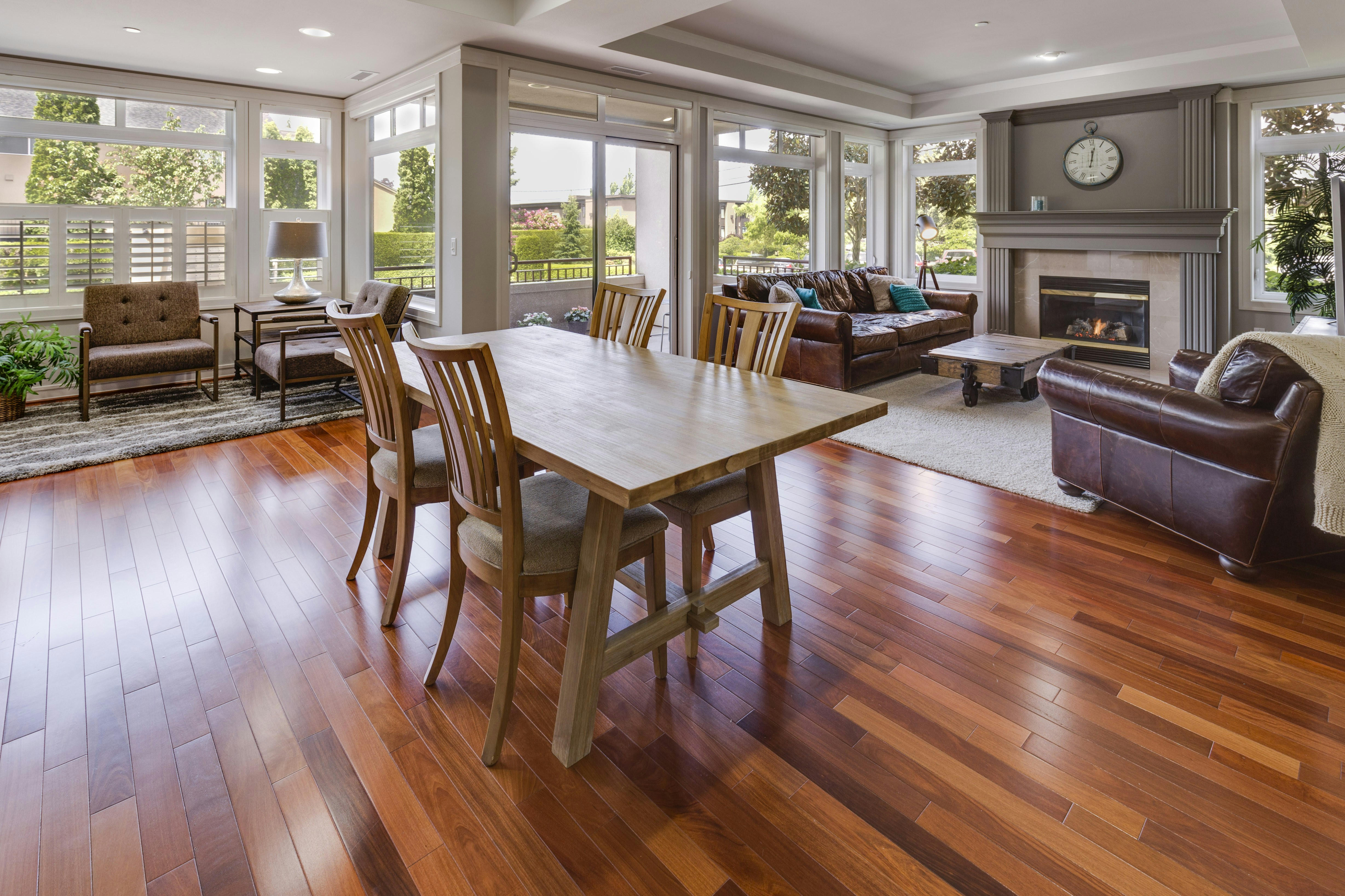 rectangular brown wooden table and chair set