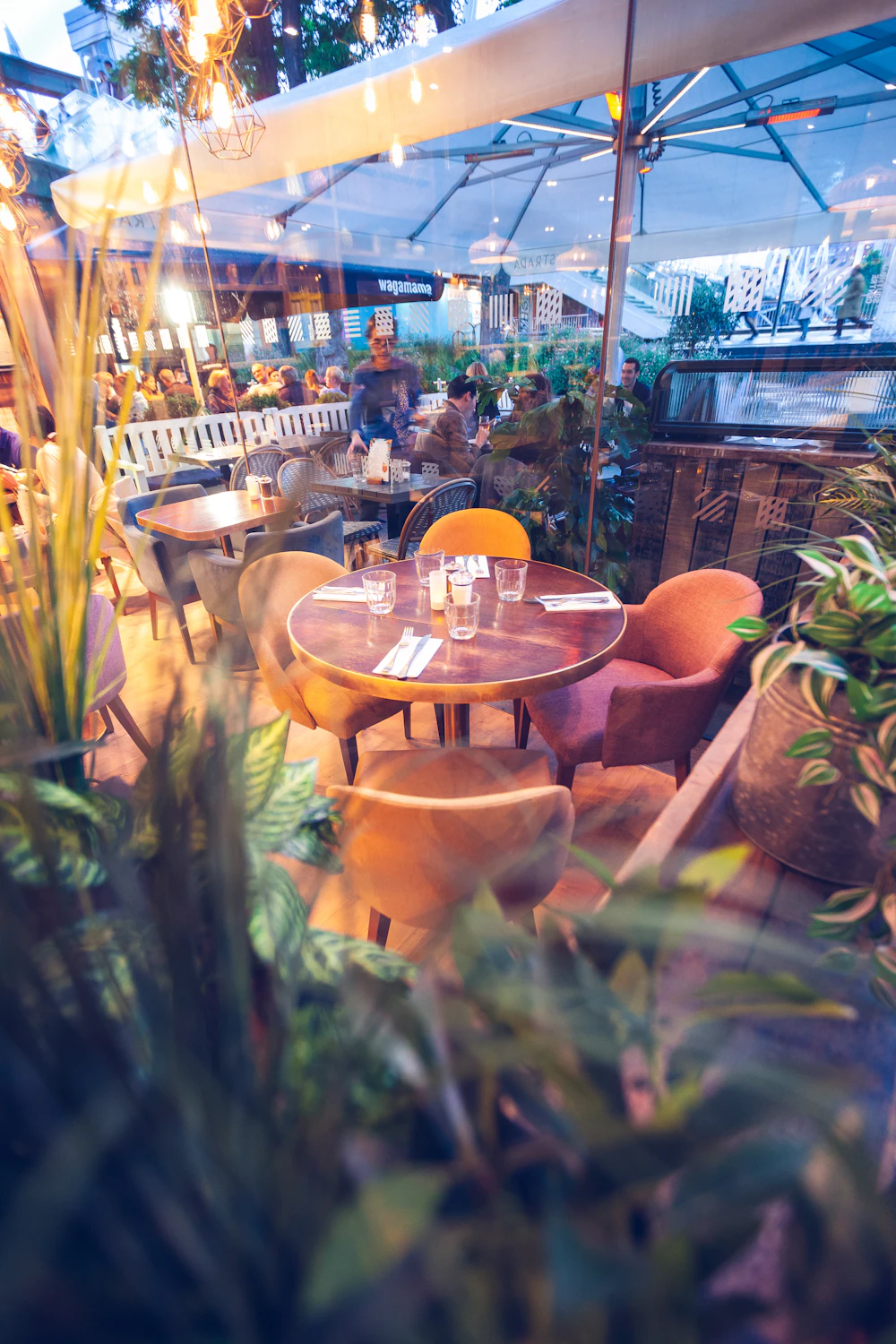 Terrasse ombrelle, lumière de fin de journée