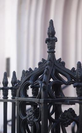 Close-up of a decorative wrought iron fence showing fine craftsmanship.