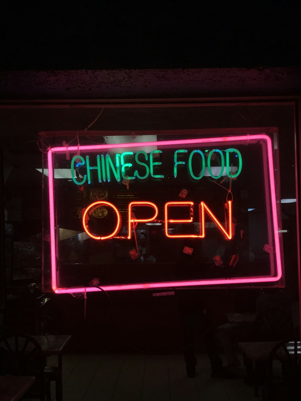 green and red Chinese food OPEN sign