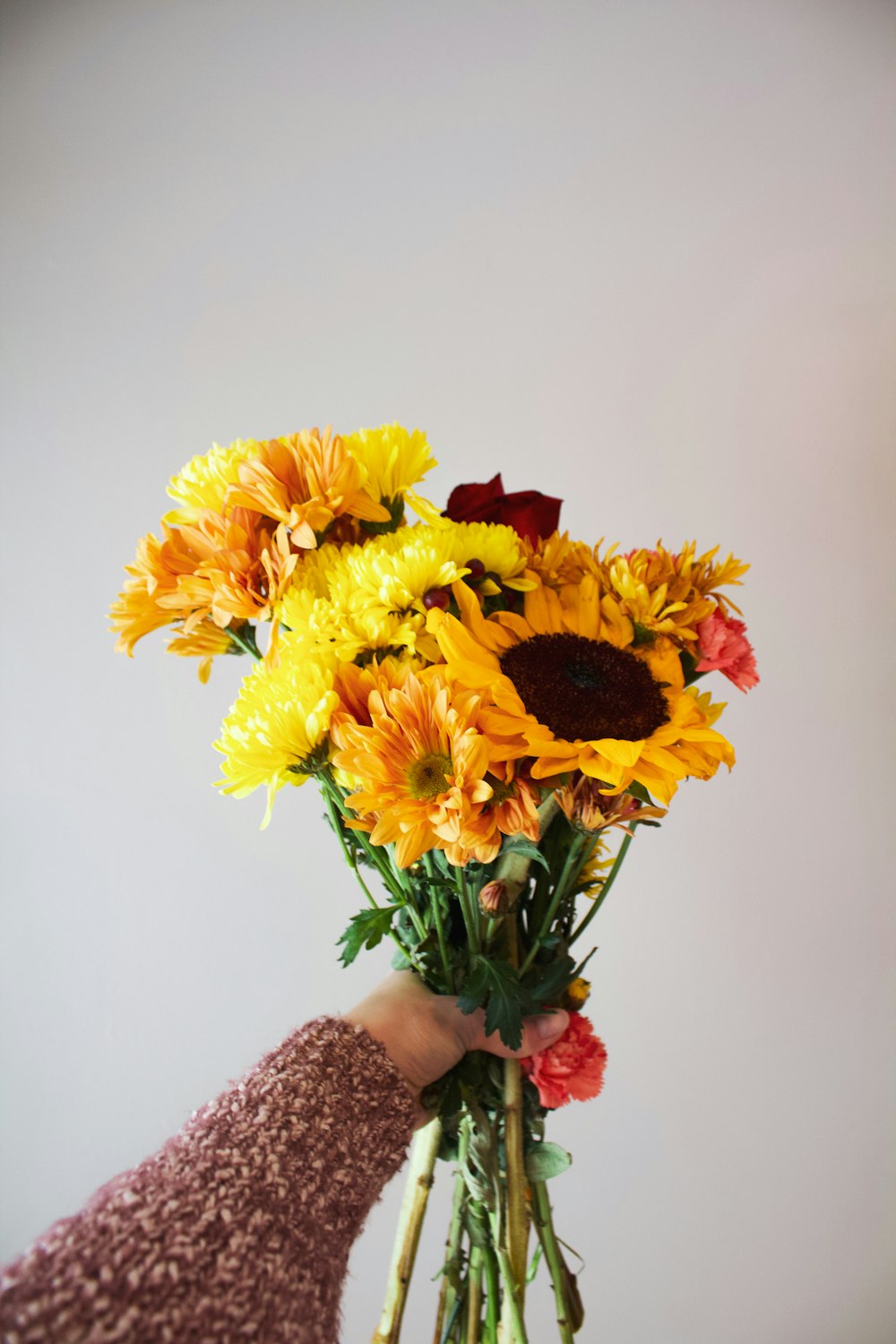 person holding bouquet of yellow flowers