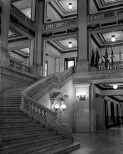 grayscale photography of building interior