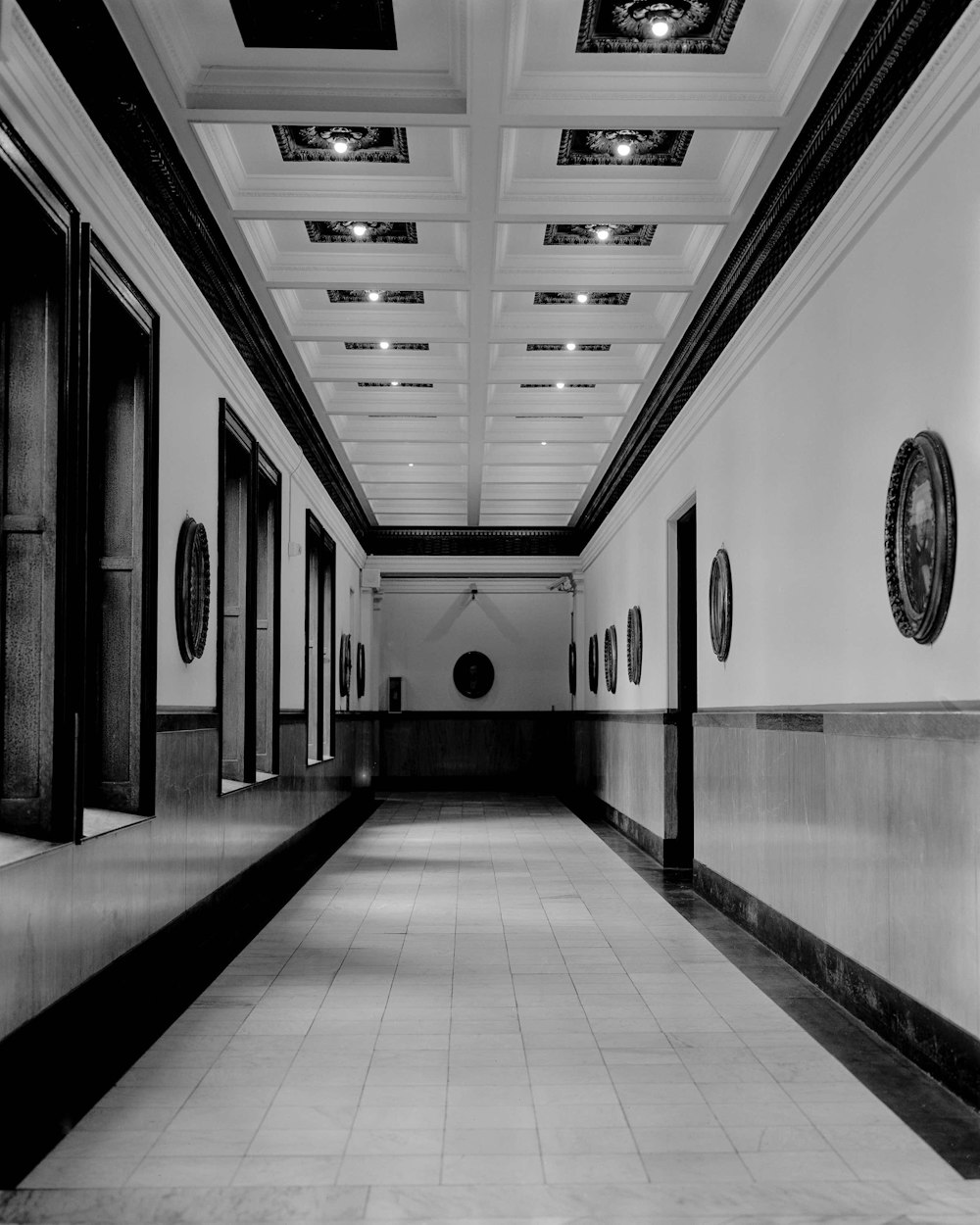grayscale photography of building interior