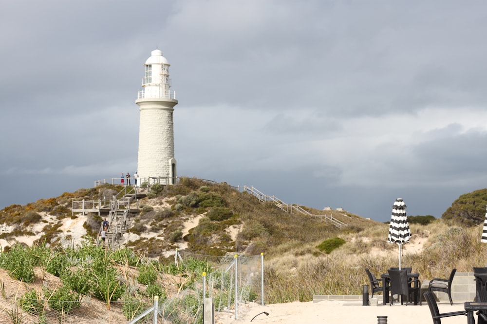 white lighthouse on hill