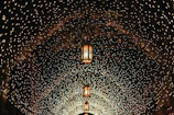 A dreamy passage decorated with hanging petals and soft fairy lights creating a magical walk-through.