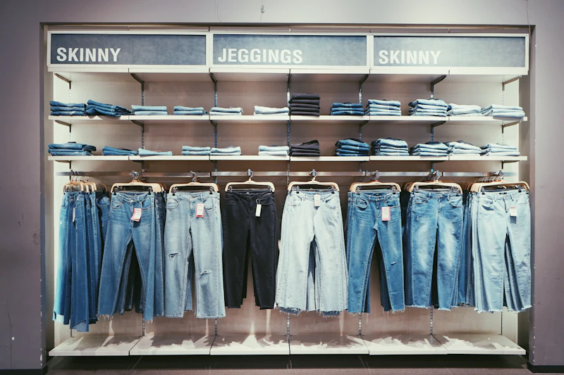 Folded jeans stacked and sized on shelving