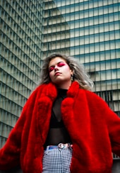 woman in red cardigan