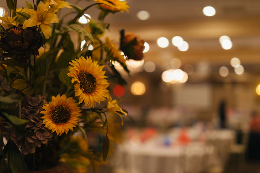 A wedding planner consulting with a couple over floral arrangements in a sunlit room.
