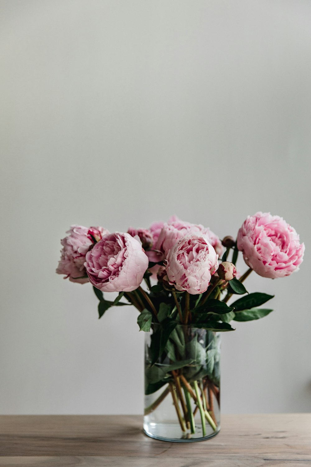 rosa Blumen in klarer Glasvase