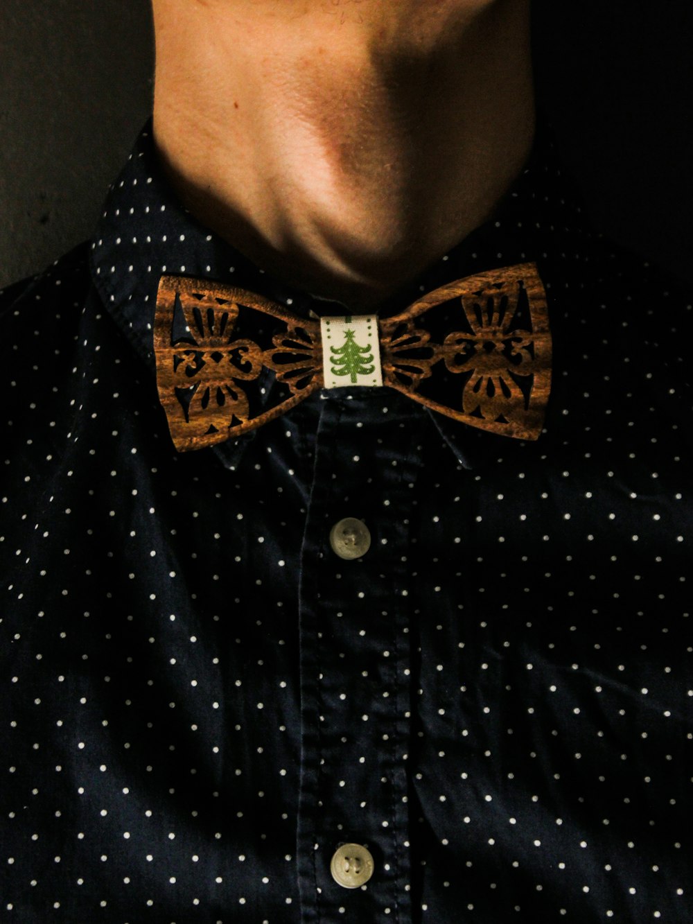 man in black and white polka dot shirt with brown bow tie