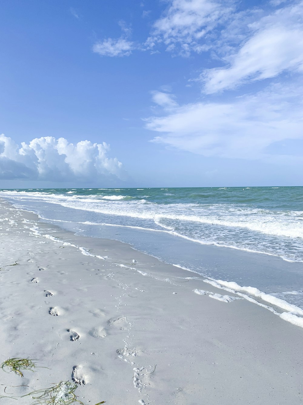uma praia de areia com pegadas na areia