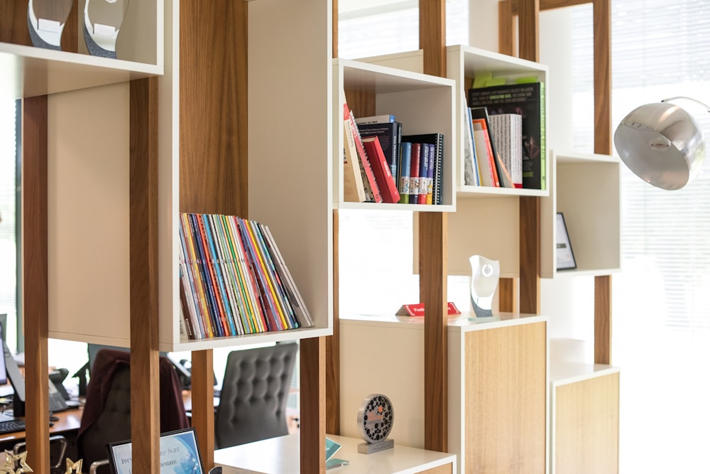 brown and white wooden cubby shelf