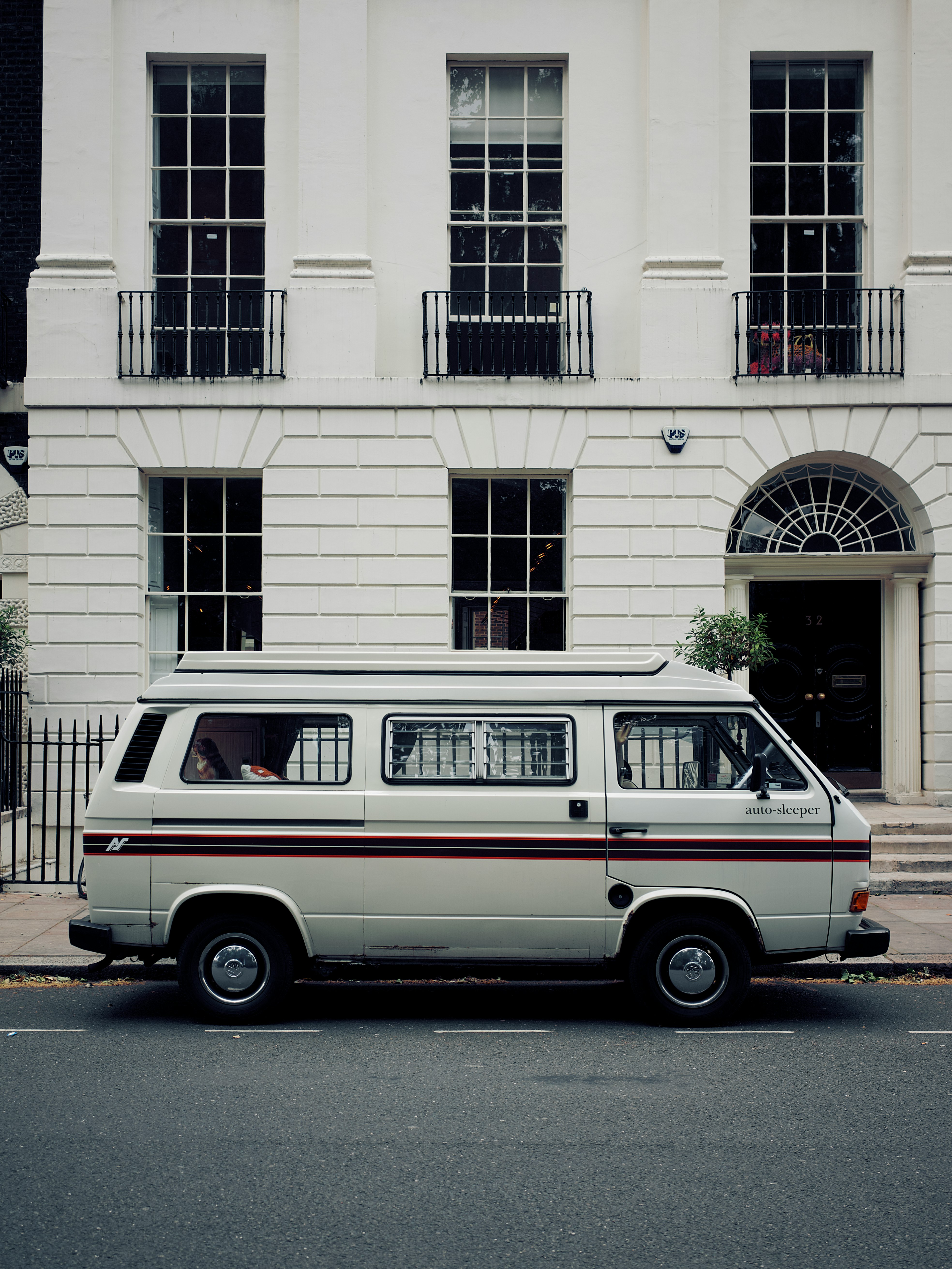 white and brown van