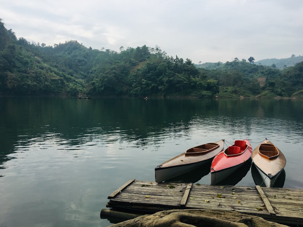 three assorted canoe boat near dock during daytime