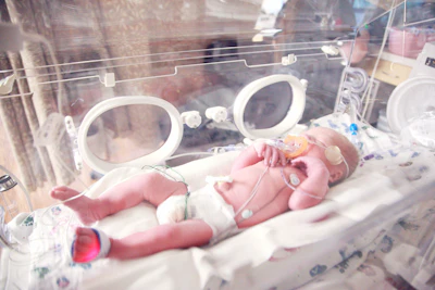 Premature newborn baby in NICU incubator with oxygen support