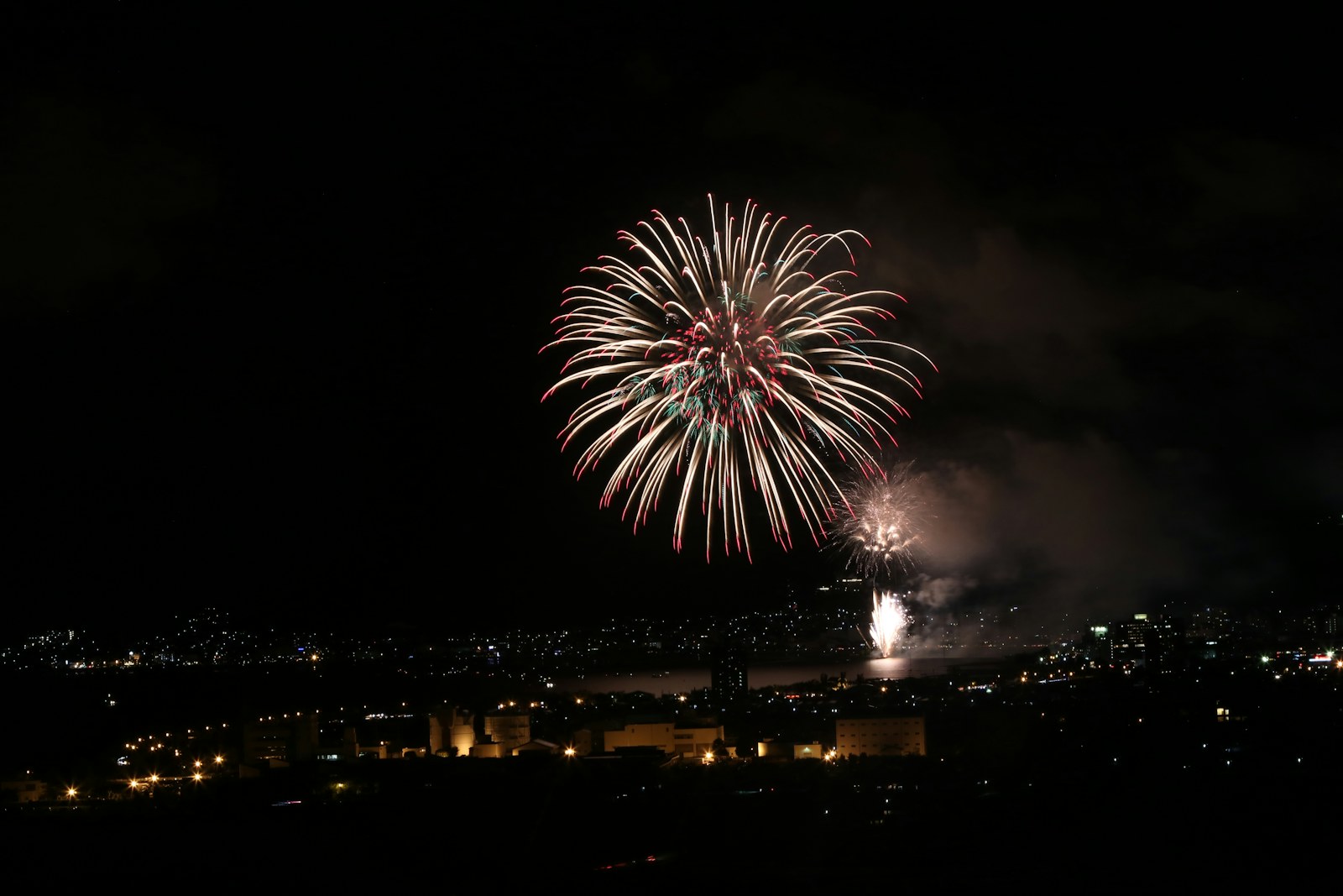 A large firework blooming above city lights at night
