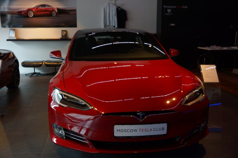 red Telsa vehicle