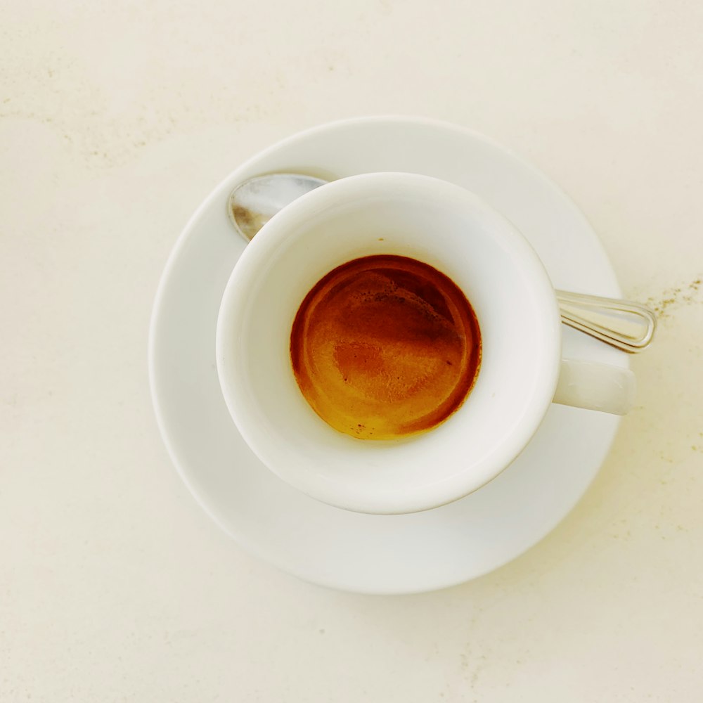 coffee in white ceramic mug and saucer