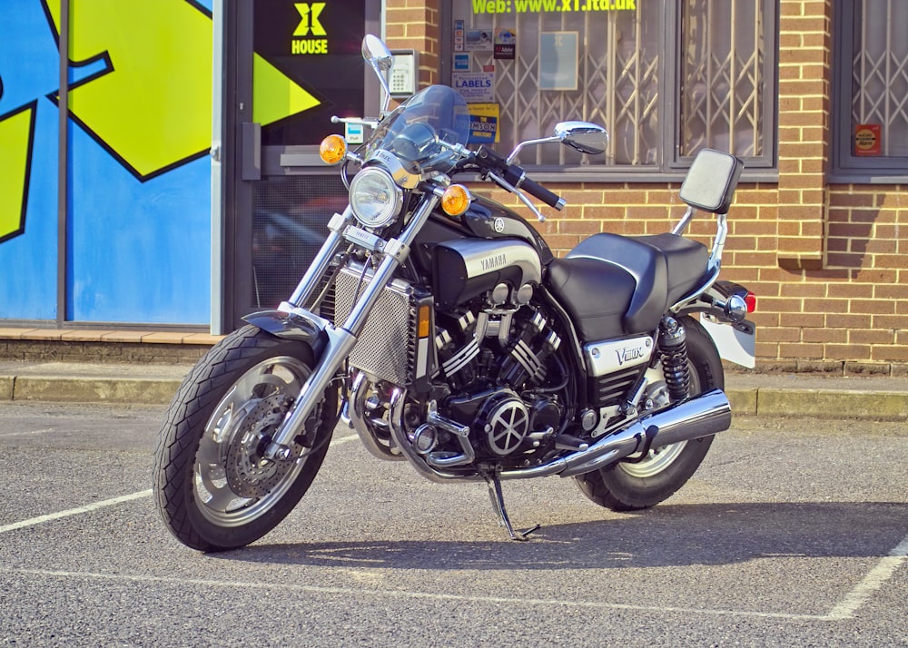 black and grey Yamaha Virago cruiser motorcycle