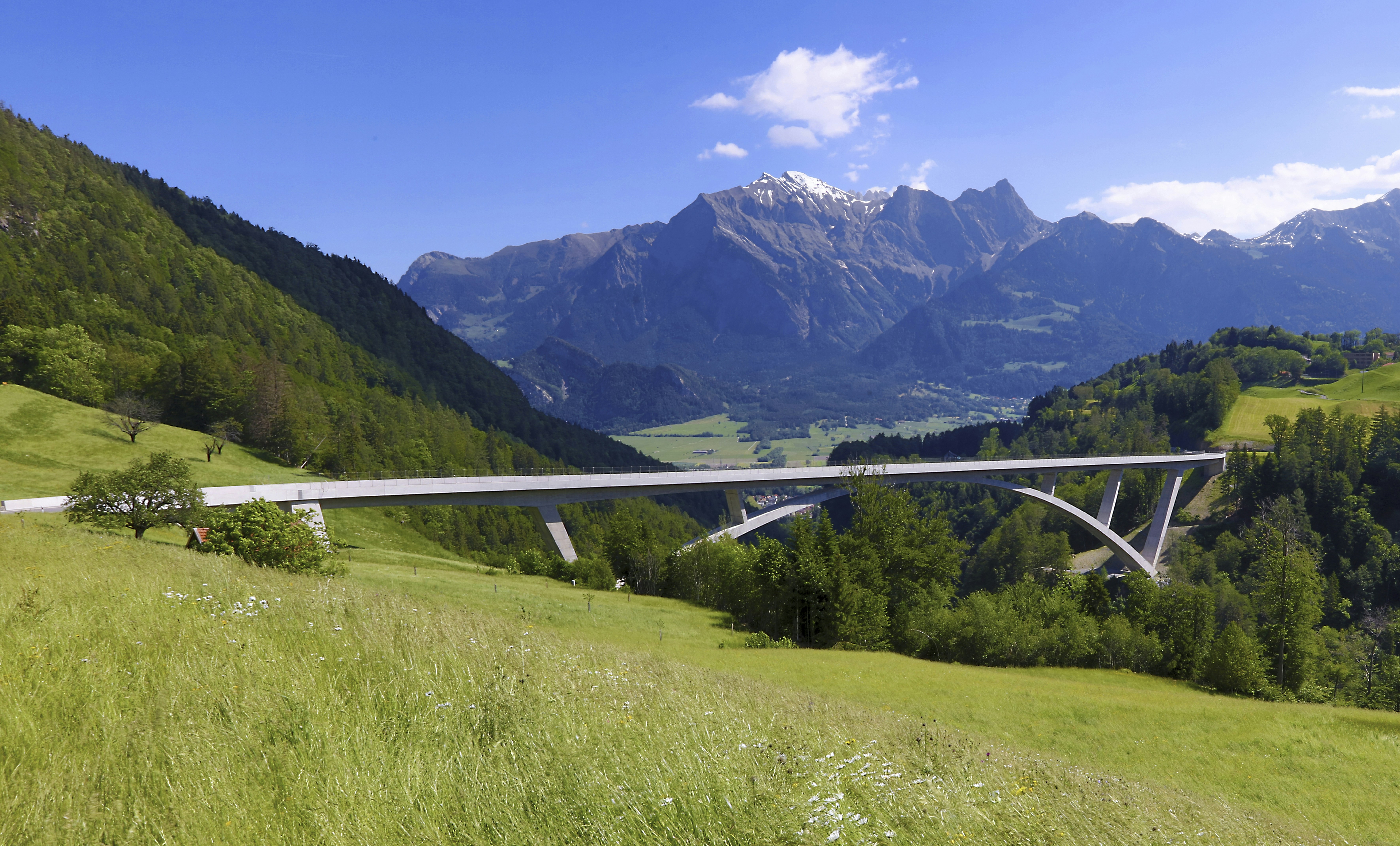a bridge over a valley with mountains in the background