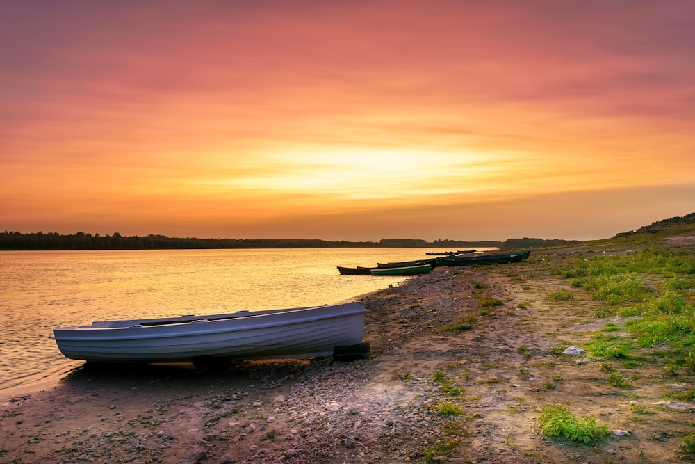 white boat on seashore during golden hour