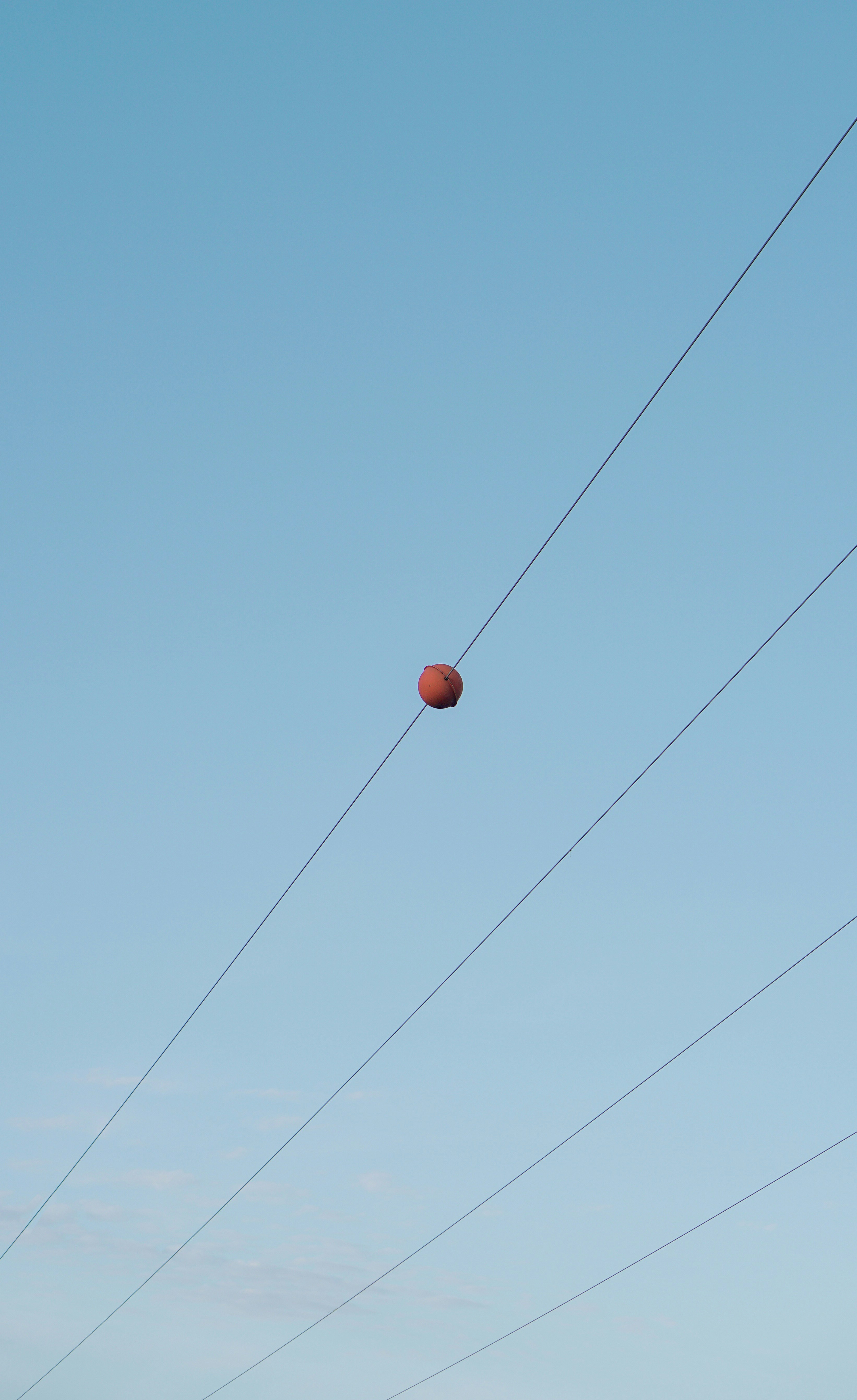 a red ball sitting on top of a power line
