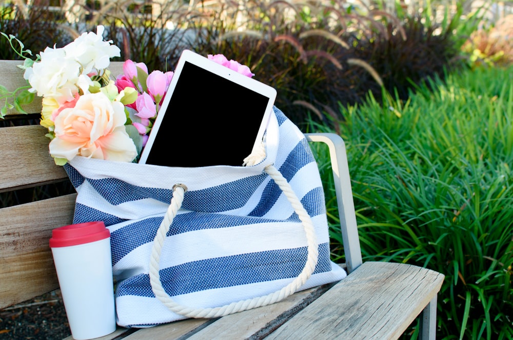 blue and white striped tote bag