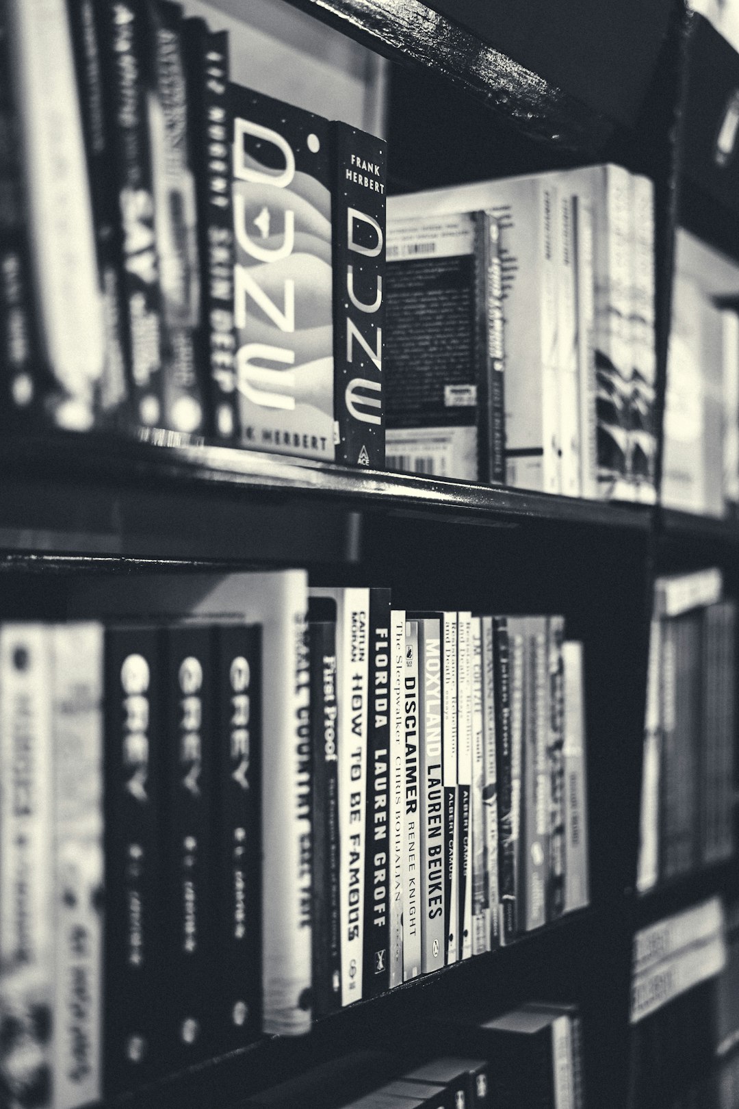 grayscale photography of books in bookcase