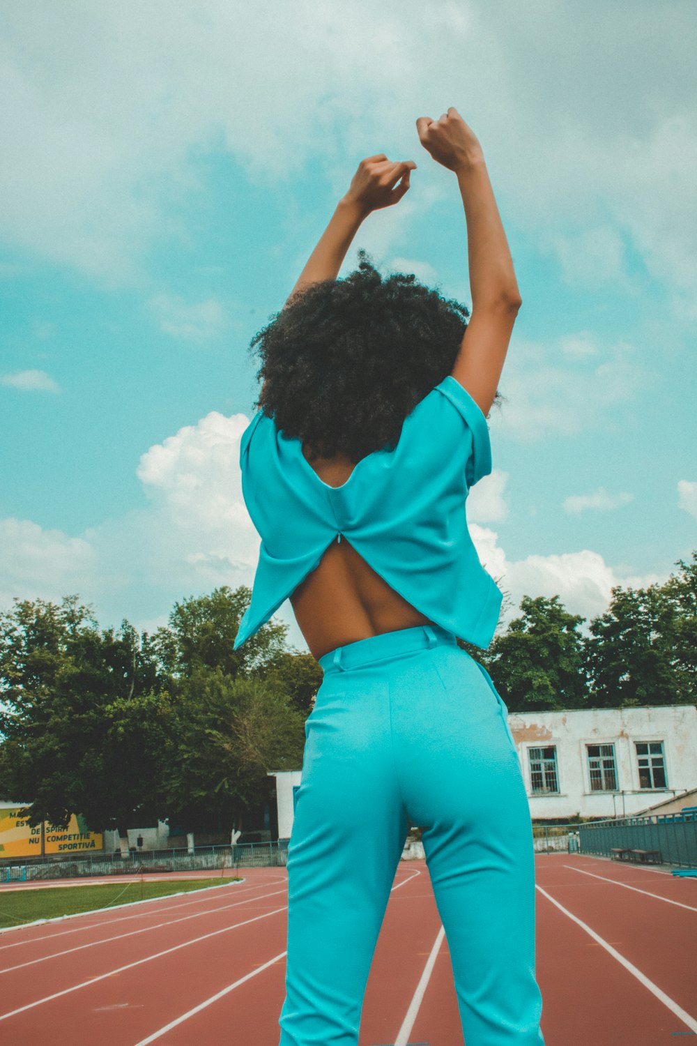 woman wearing blue top