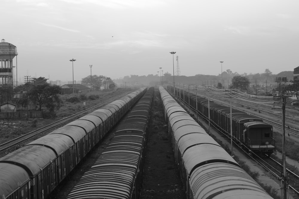 grayscale photo of trains