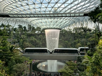 train near trees inside building with indoor waterfalls
