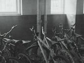 Photo of a row of bikes ready for service inside the Happy Bike shop.
