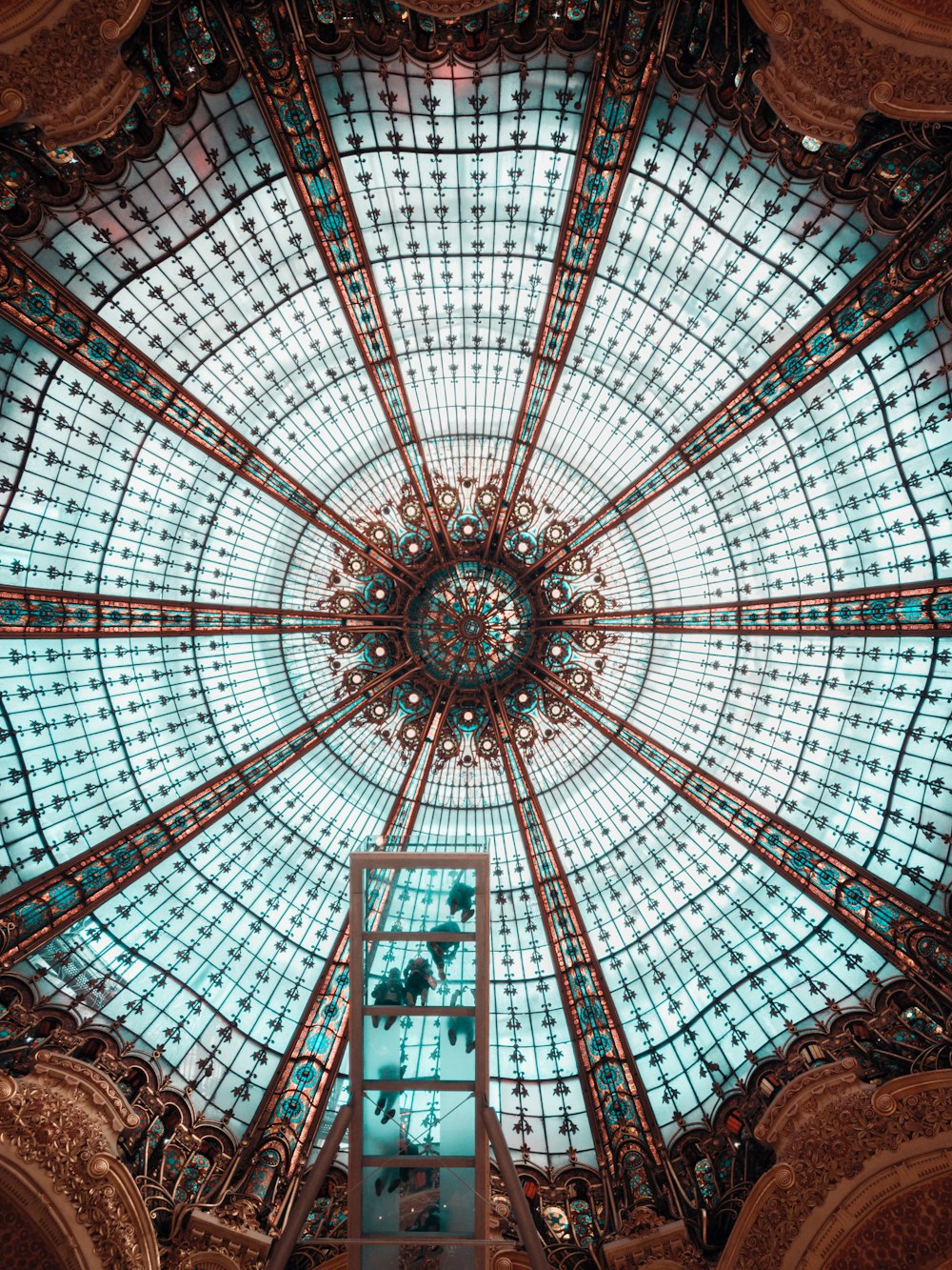 teal and brown glass ceiling