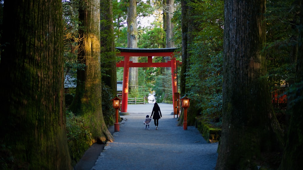 woman and baby walking on pathway between trees