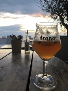 A glass of beer with a frothy top rests on a wooden table. The glass has branding that includes 'Brand Bierbrouwerij' etched on it. In the background, there are other items like a bottle and a potted plant. The scene is outdoors, with a cloudy sky and the setting sun casting a soft light over everything. A tree branch is visible to the right, adding to the relaxed, natural setting.
