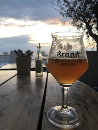 A glass of beer with a frothy top rests on a wooden table. The glass has branding that includes 'Brand Bierbrouwerij' etched on it. In the background, there are other items like a bottle and a potted plant. The scene is outdoors, with a cloudy sky and the setting sun casting a soft light over everything. A tree branch is visible to the right, adding to the relaxed, natural setting.