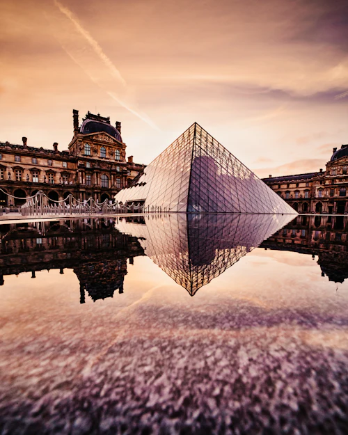 The Louvre pyramid at sunset
