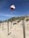 A beach scene with sand dunes covered in grass. A wooden fence with wire runs alongside the dunes, and a pole with an orange sign marked 'Strandslag 7' stands prominently.