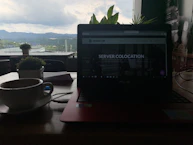 A dimly lit indoor setting featuring a laptop with a webpage titled 'Server Colocation' on the screen. In the foreground, a cup of coffee sits on a wooden table beside a potted plant. Through the window in the background, green hills and a cloudy sky are visible, providing a contrast to the darker interior.