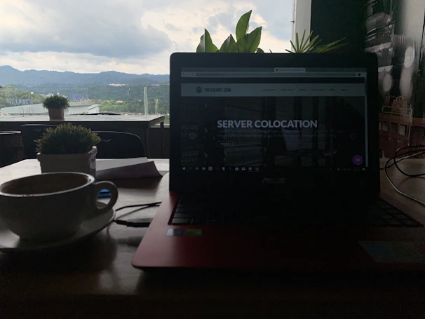A dimly lit indoor setting featuring a laptop with a webpage titled 'Server Colocation' on the screen. In the foreground, a cup of coffee sits on a wooden table beside a potted plant. Through the window in the background, green hills and a cloudy sky are visible, providing a contrast to the darker interior.