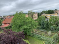 A garden landscape featuring various trees and shrubs, with a residential area in the background. Several houses with red-tiled roofs are visible, along with a large green space, well-tended gardens, and a variety of trees and plants.