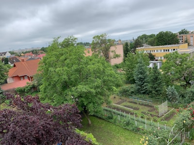 A garden landscape featuring various trees and shrubs, with a residential area in the background. Several houses with red-tiled roofs are visible, along with a large green space, well-tended gardens, and a variety of trees and plants.