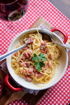 bowl of pasta carbonara using cambodia bacon
