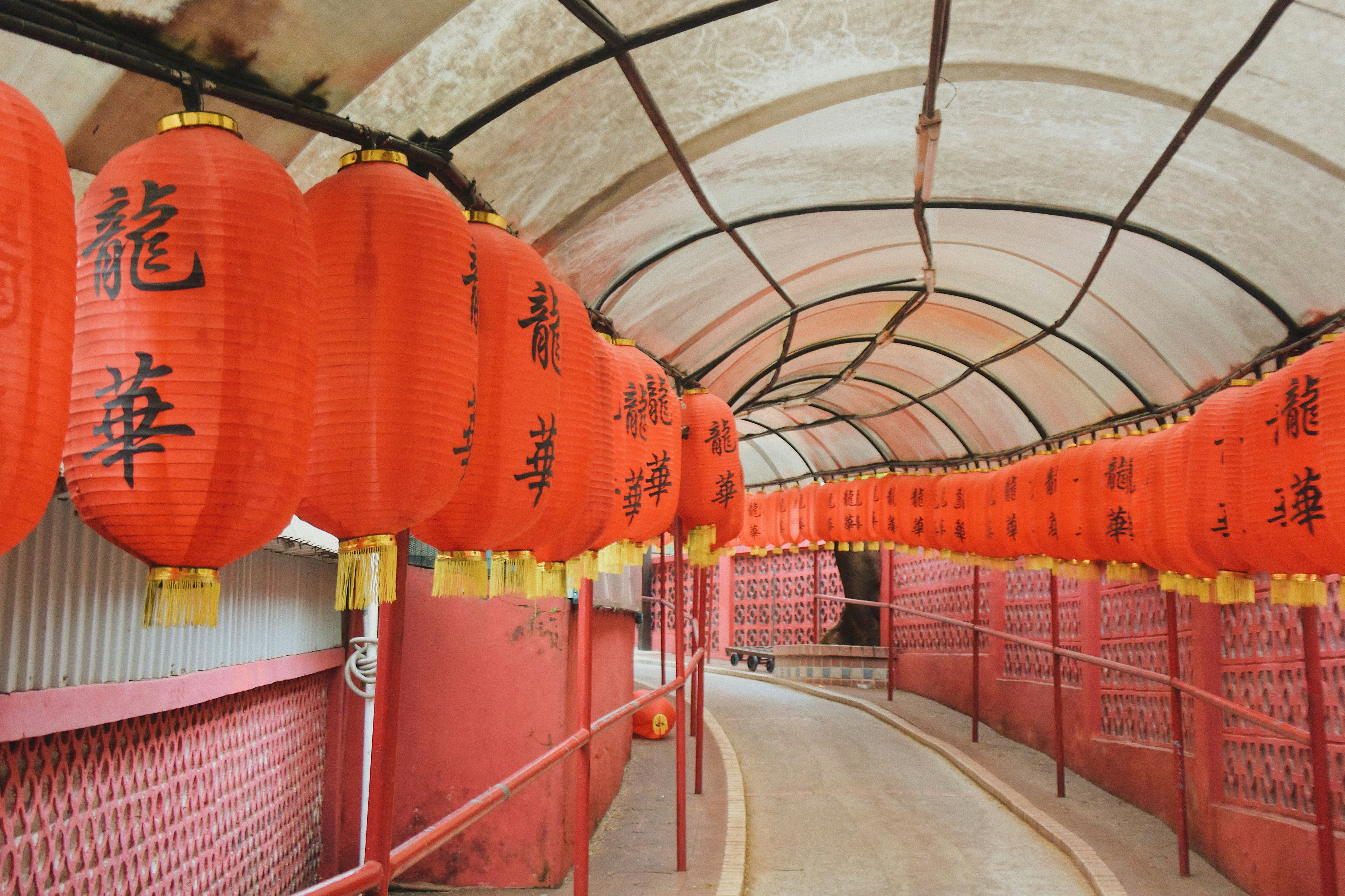 Photograph of a lantern-lined corridor with red Chinese lanterns arching overhead and a curved path fading into the distance.