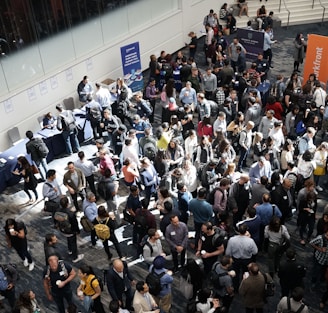 crowd of people in building lobby