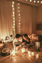 Romantic couple’s theatre setup with soft lighting and elegant decor.