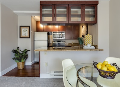 white and beige marble-top table