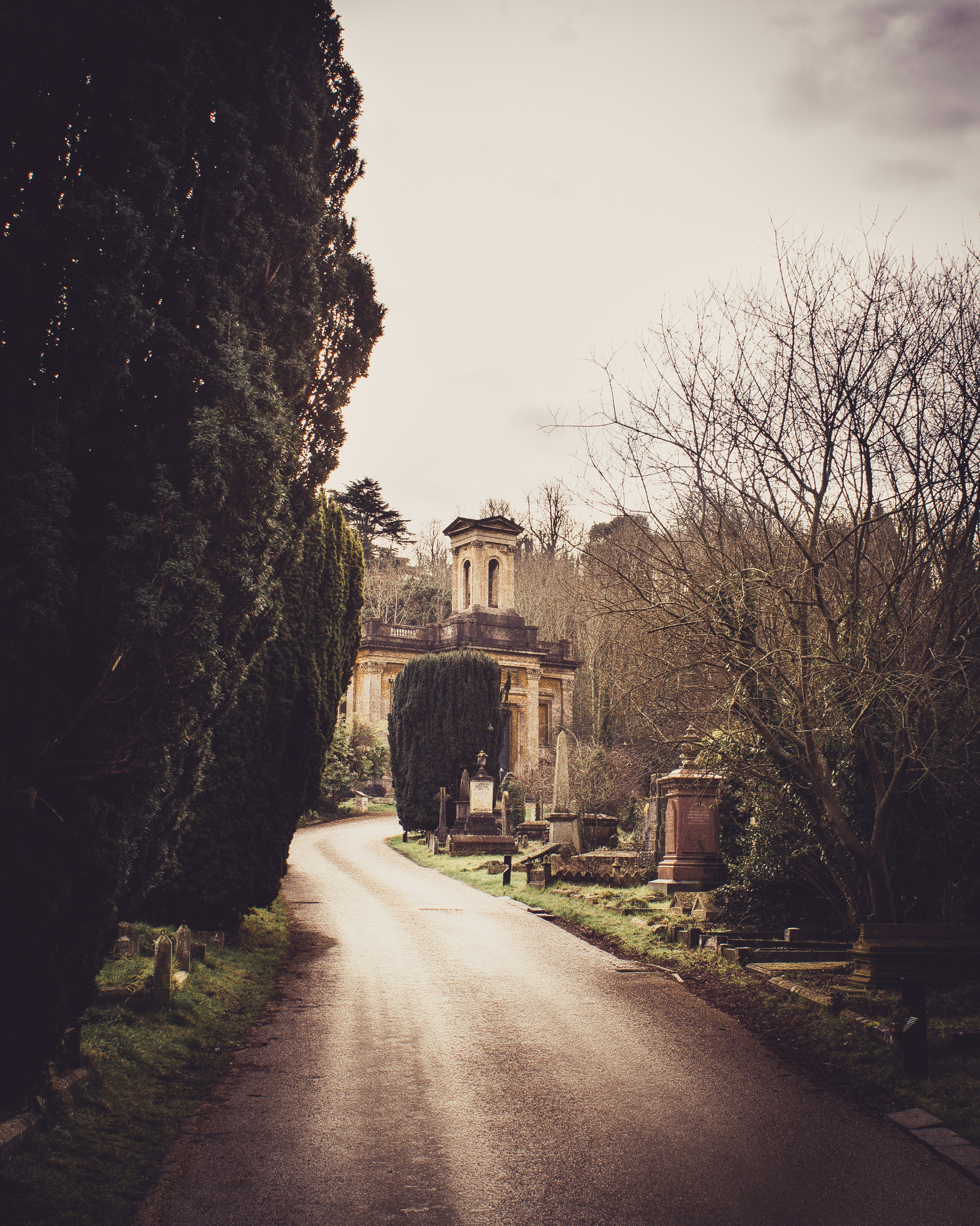 Photo en couleur sépia d’une route menant à un château
