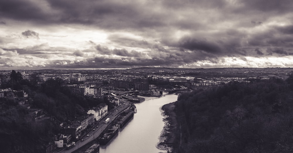 grayscale aerial view photo or river