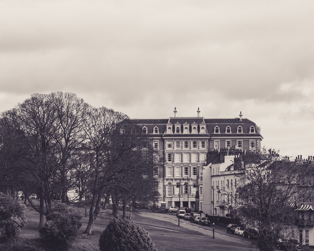 greyscale photograph of buildings and trees